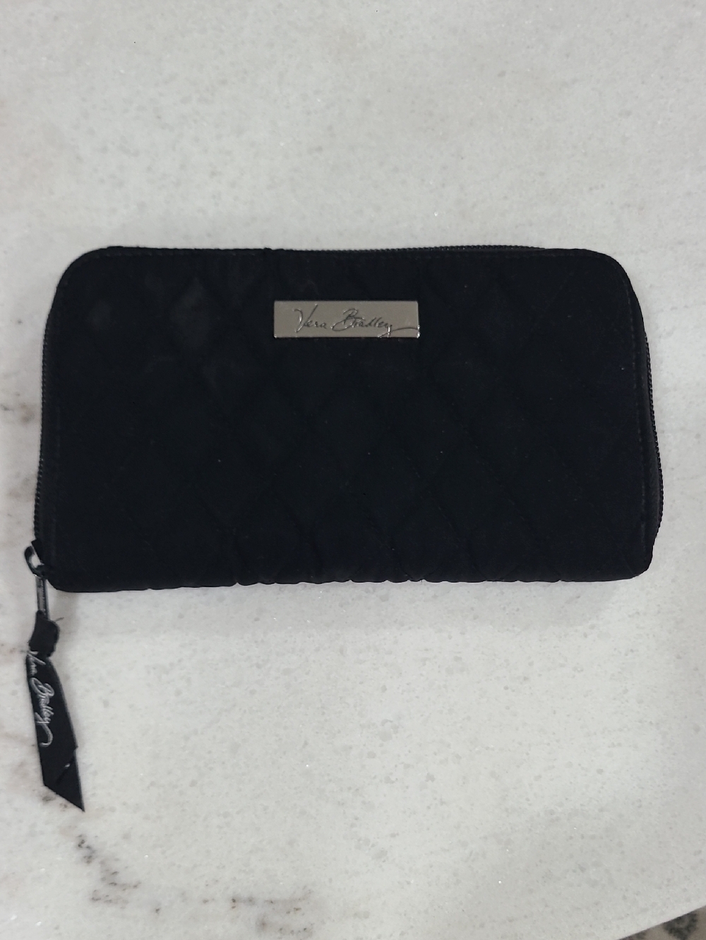 Vera Bradley Black Quilted Zip-Around Wallet with Logo Plate